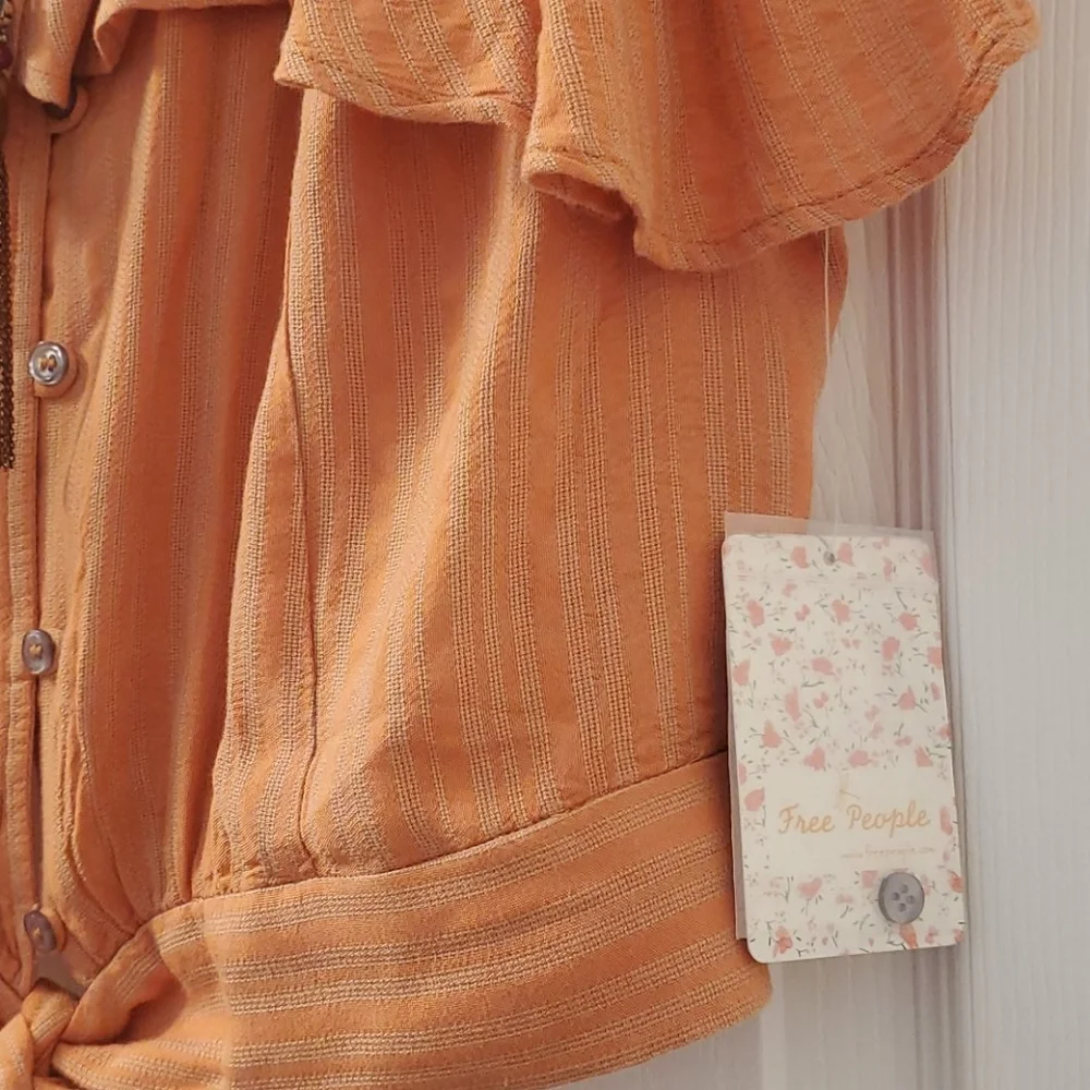 FREE PEOPLE Rosemary Ruffle Peasant Boho Tie Front Top Coral Stripe NWT